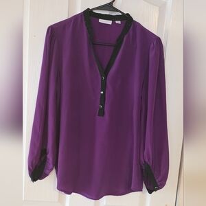 New York & Company Purple Blouse with Black Beaded Trim.